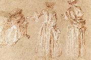 WATTEAU, Antoine Three Studies of a Lady with a Hat oil